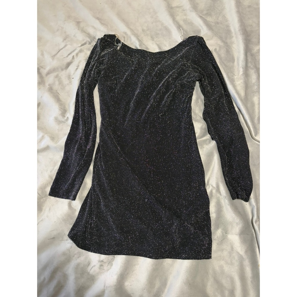 Vintage Contempo Casuals Black Silver Metallic Shimmer Mini Dress XL Long Sleeve